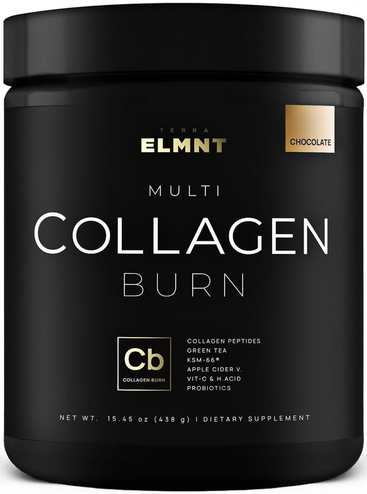 TERRA ELMNT Chocolate Collagen Burn bottle highlighting premium blend for radiant skin.