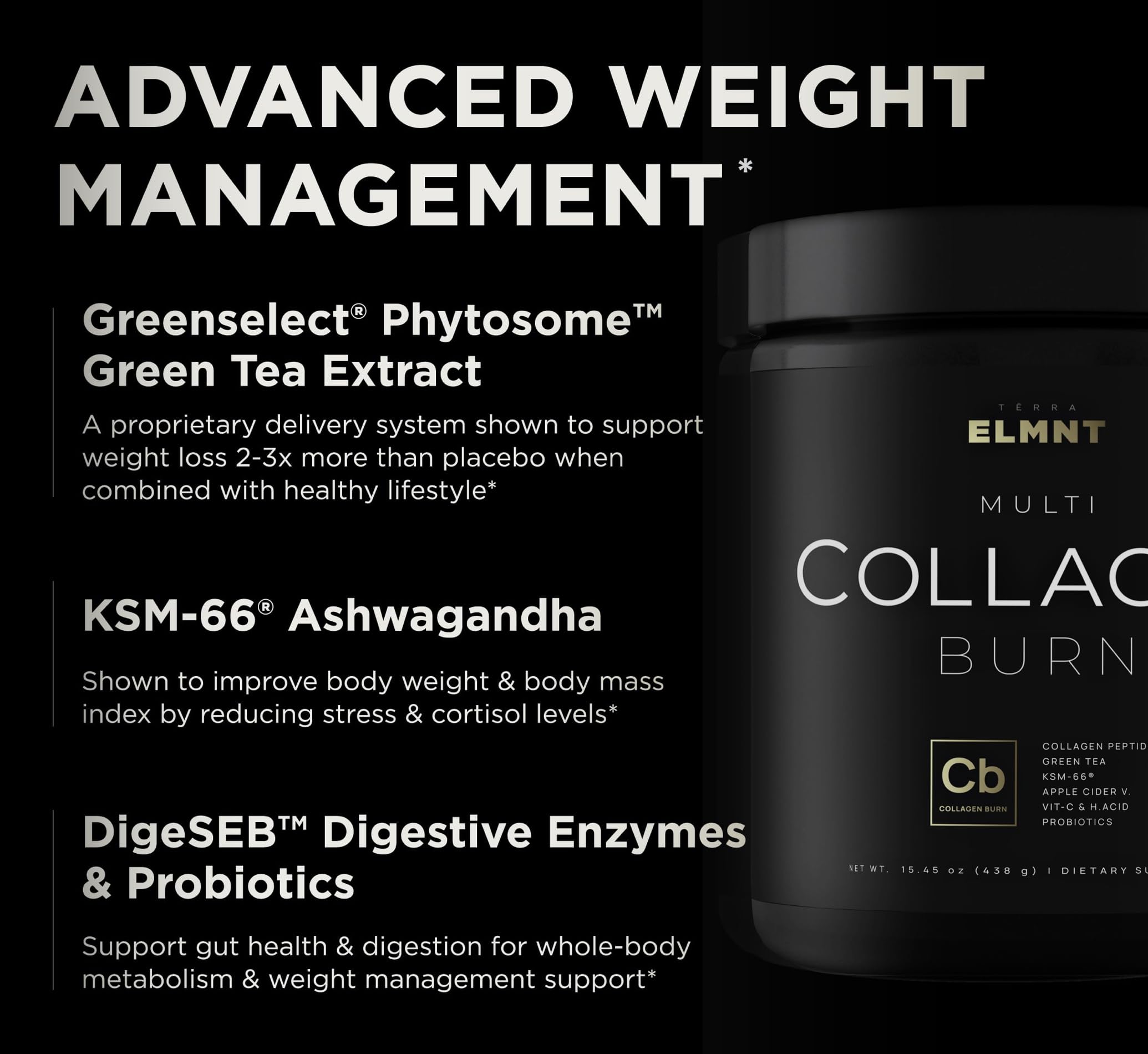 Green Tea Phytosome and other ingredients featured for potential metabolic support.