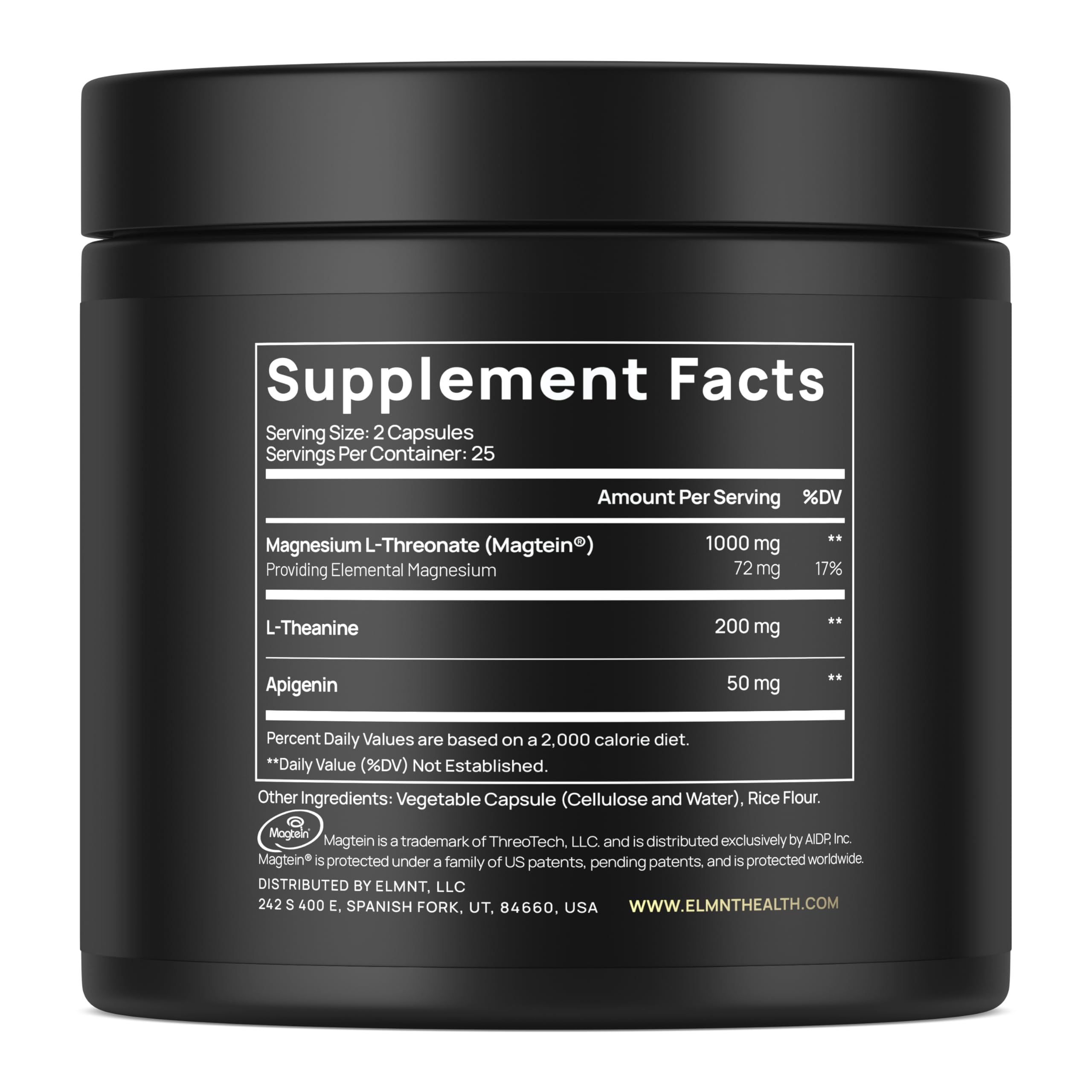 Terra Elmnt Magtein magnesium L-threonate capsules in closeup highlighting the formula.