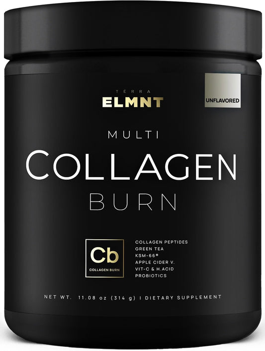 Terra Elmnt Super Multi Collagen Burn bottle, premium formula for beauty and metabolism.