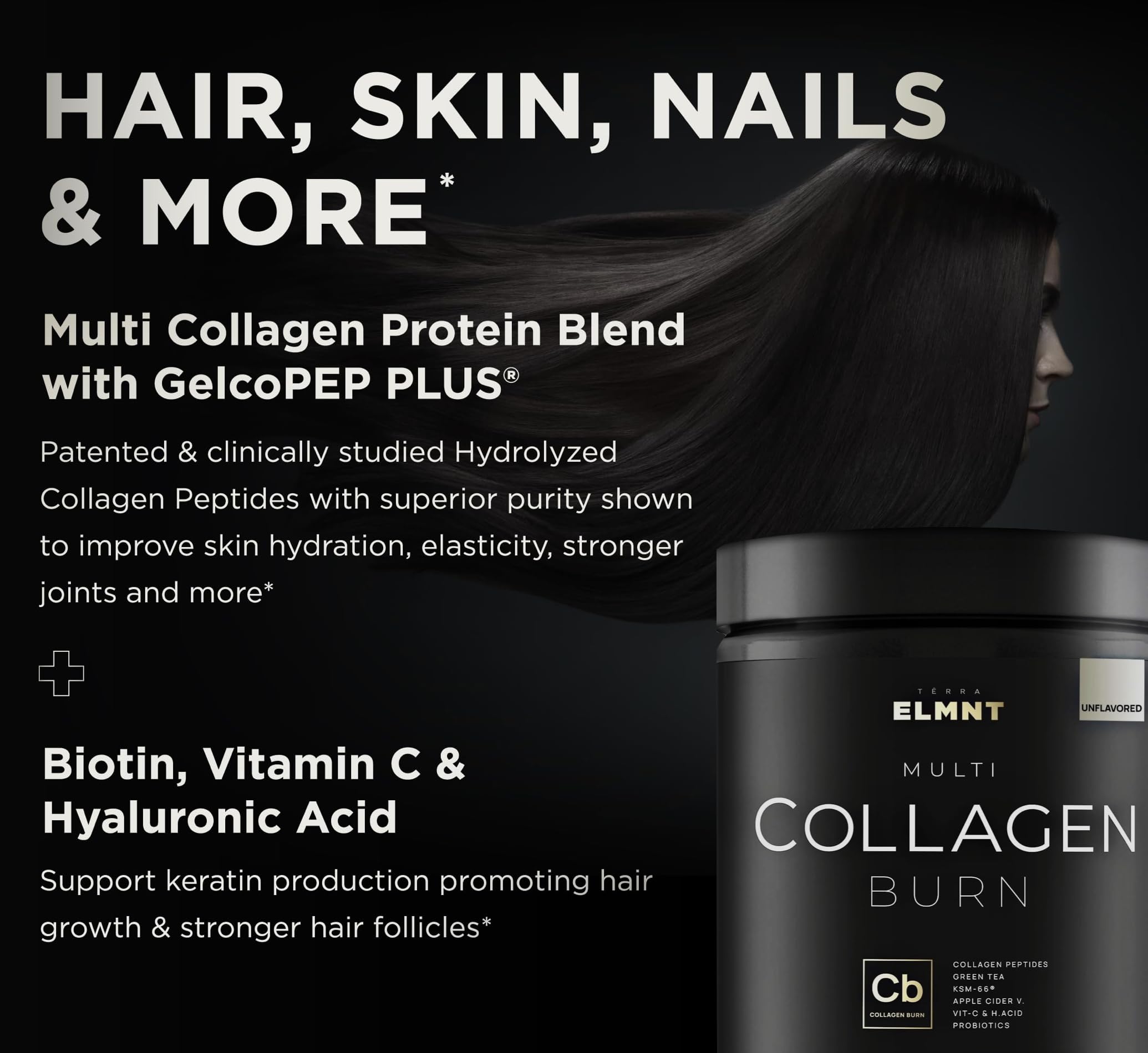 Terra Elmnt Super Multi Collagen Burn glass with water showing effortless hydration.
