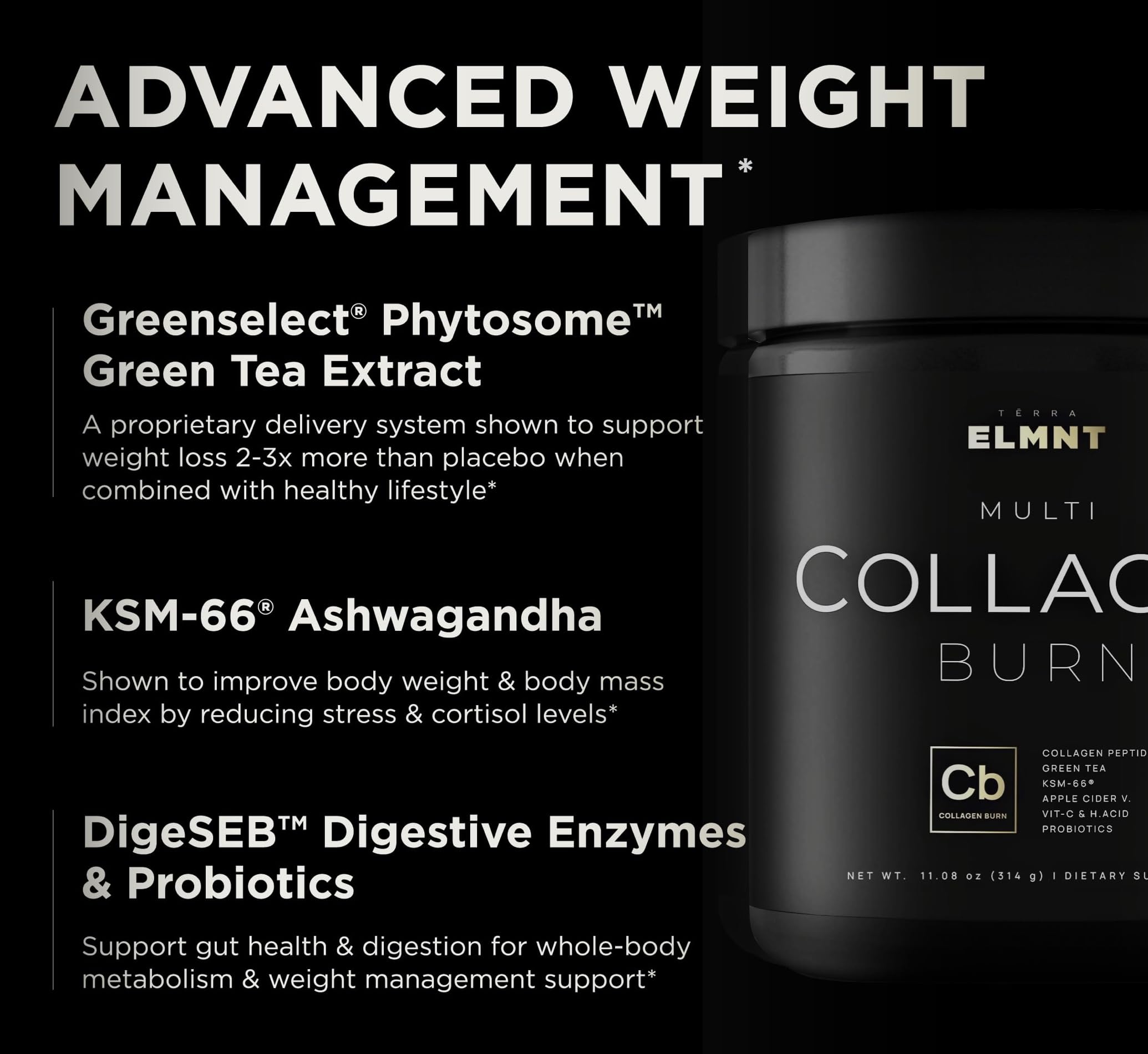 Terra Elmnt Super Multi Collagen Burn label closeup displaying ingredients.