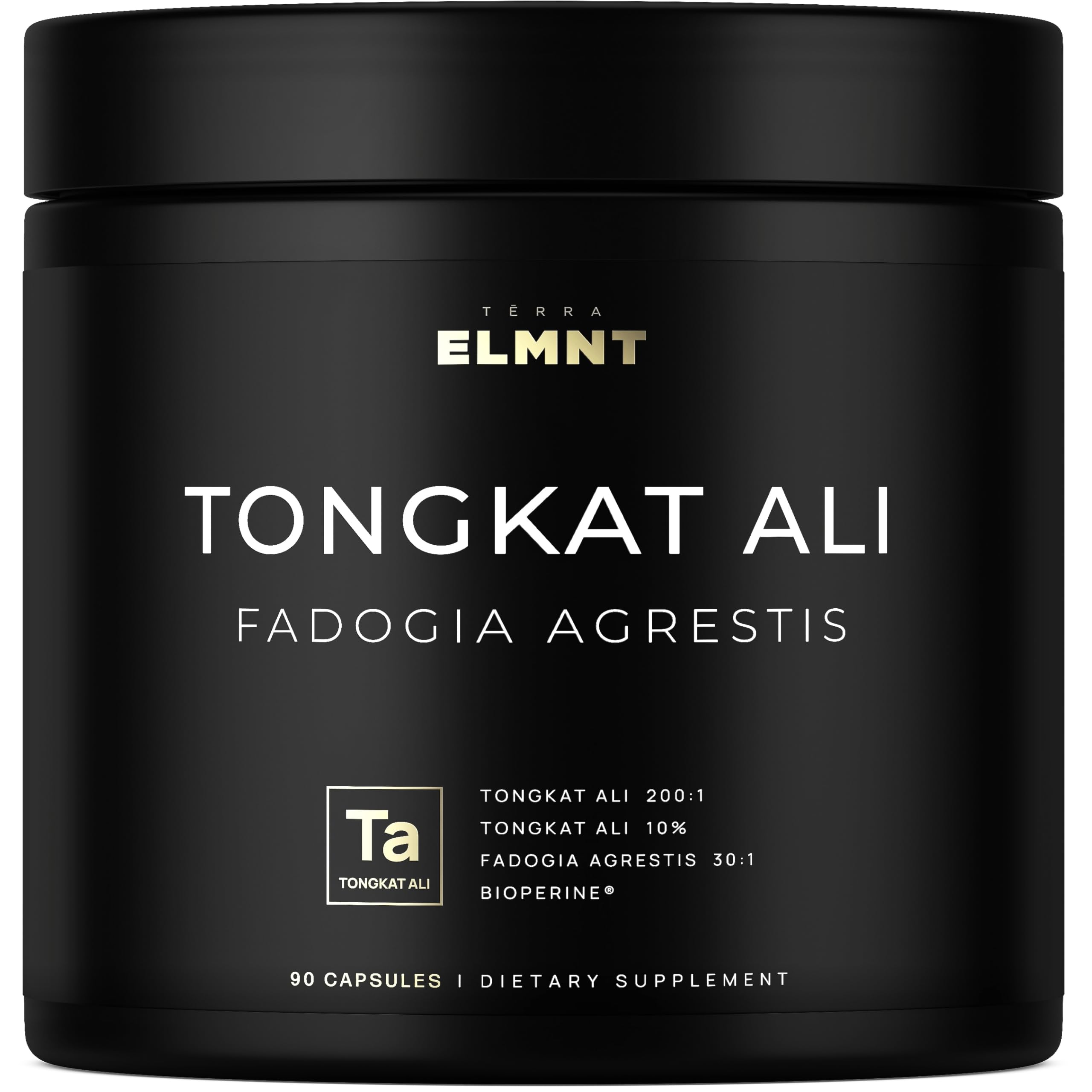 Terra Elmnt Tongkat Ali bottle close-up highlighting high potency for daily performance.
