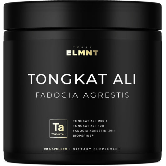 Terra Elmnt Tongkat Ali bottle close-up highlighting high potency for daily performance.