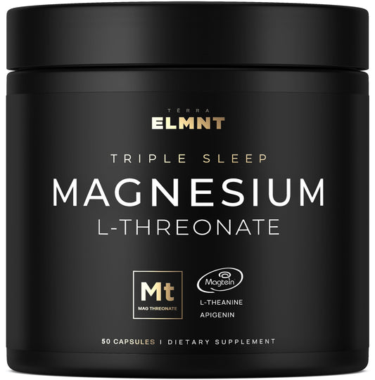Terra Elmnt Triple Sleep bottle front showing the high-absorption Magtein magnesium for restful nights.