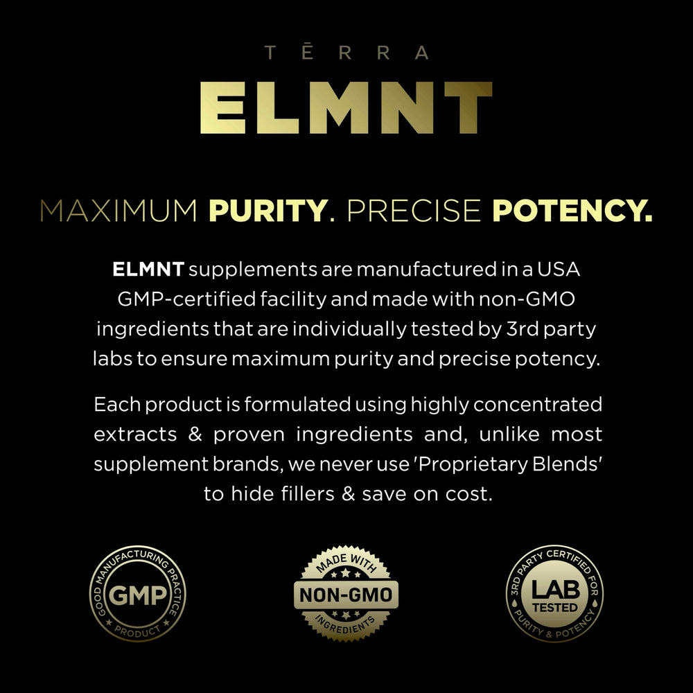 Terra Elmnt packaging shows NSF GMP certification and non-GMO ingredients