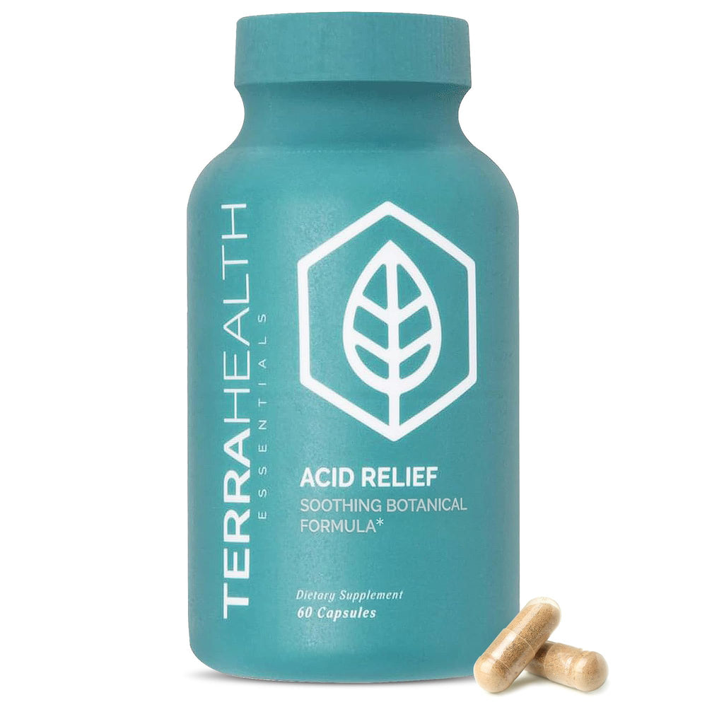 Terra Health Essentials Acid Relief bottle for gentle post-meal digestive support.