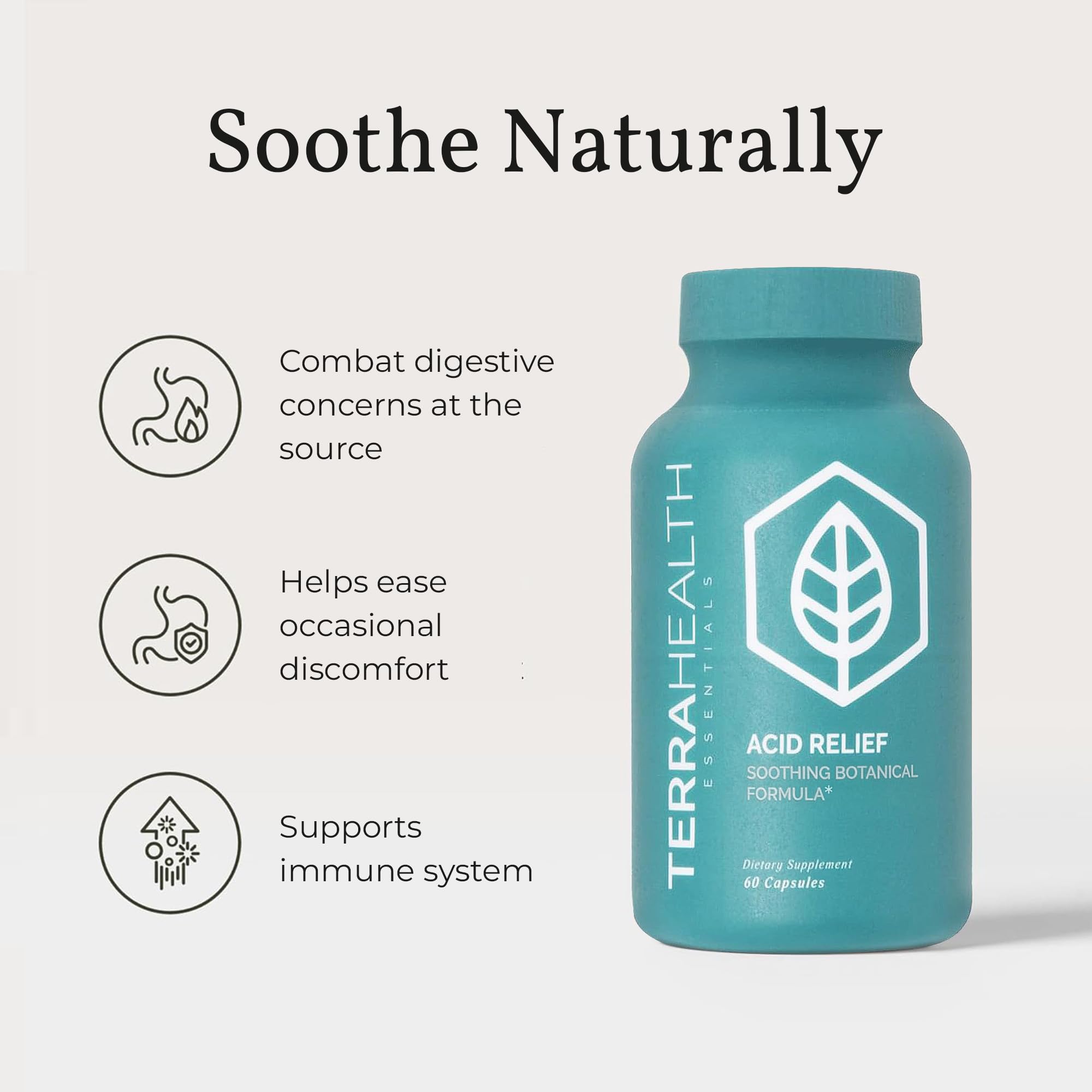Terra Health Essentials Acid Relief ingredients chart highlighting plant-based soothing blend.