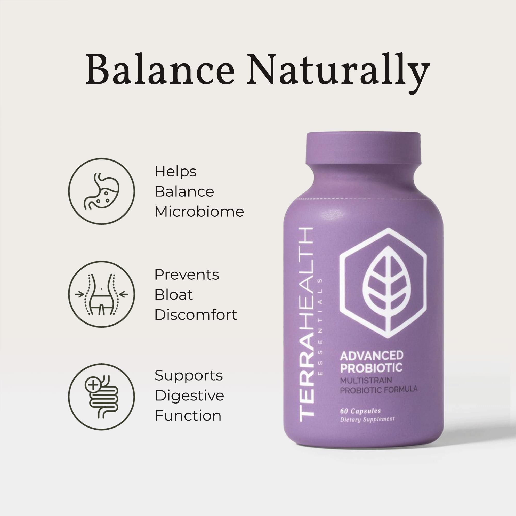 Terra Health Essentials Advanced Probiotics bottle pour for convenient daily dosing