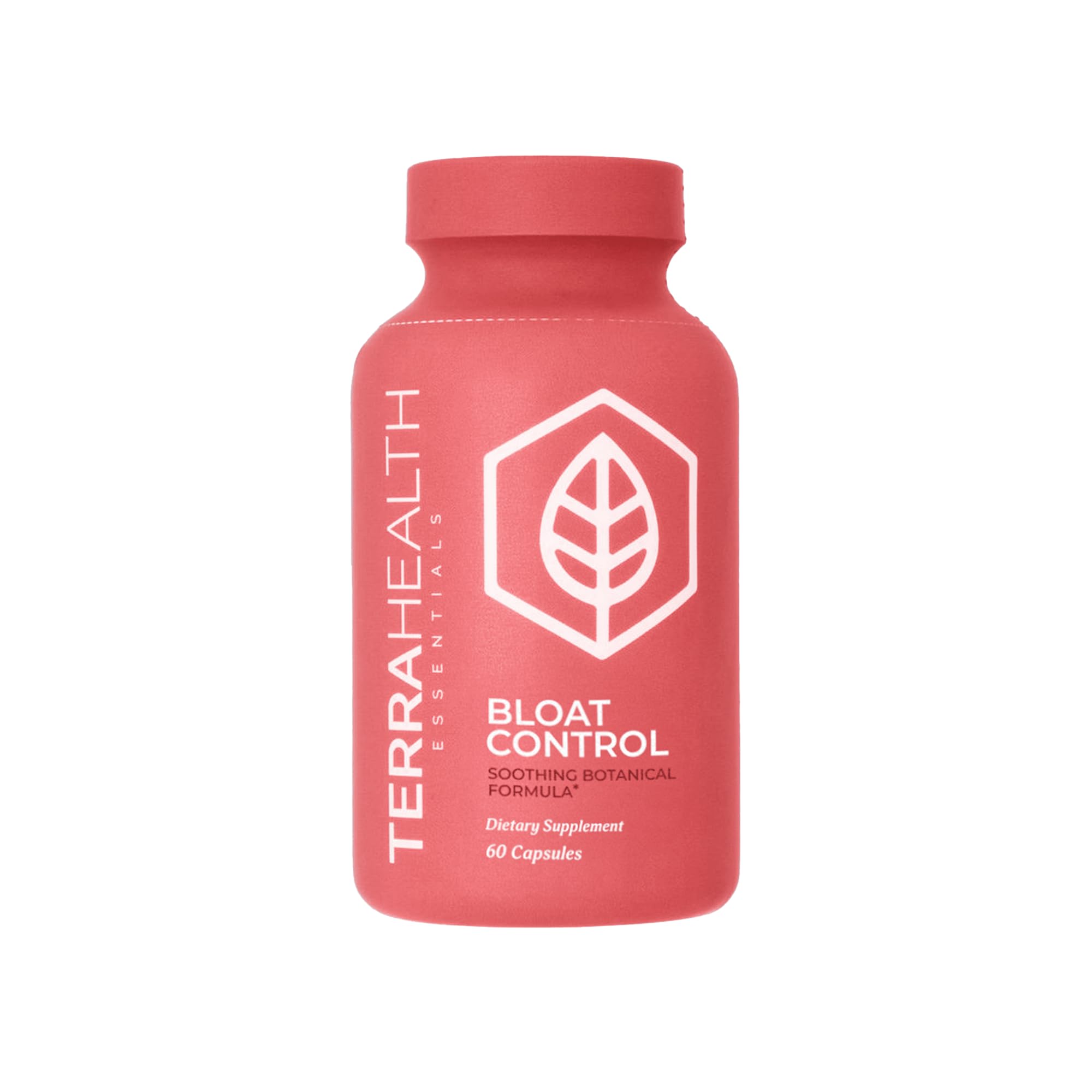 Terra Health Essentials Bloat Control bottle on table indicating fast-acting digestive support.