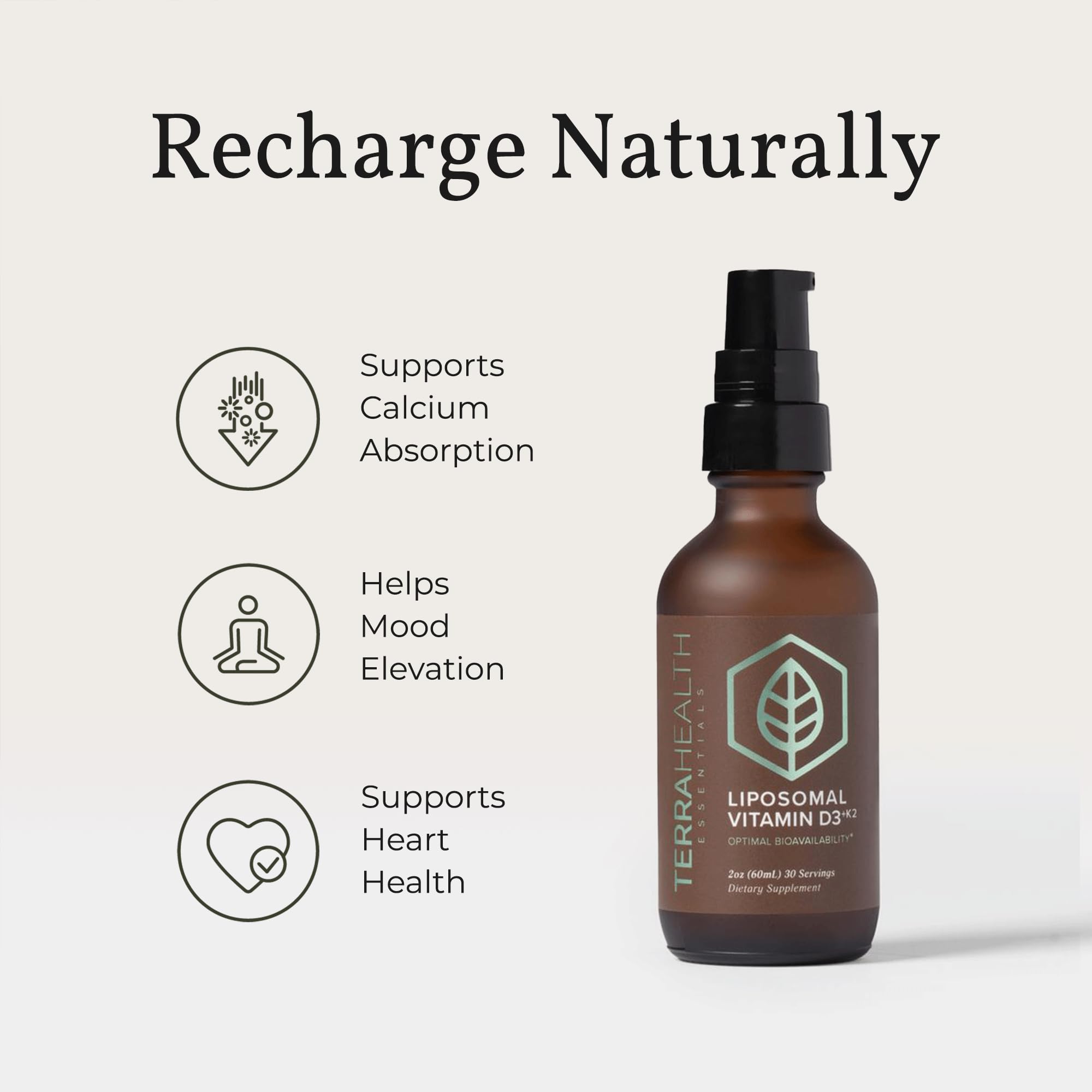 Bottle label for Terra Health Essentials liposomal D3+K2 with immune and mood support.