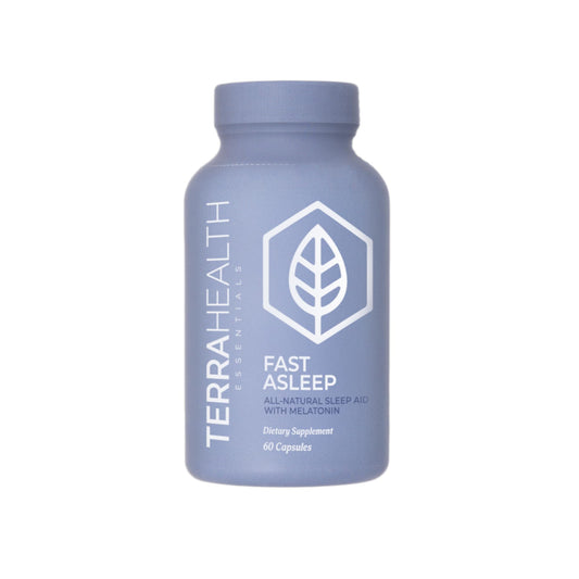 Terra Health Essentials Fast Asleep bottle front promotes a calm, restful bedtime