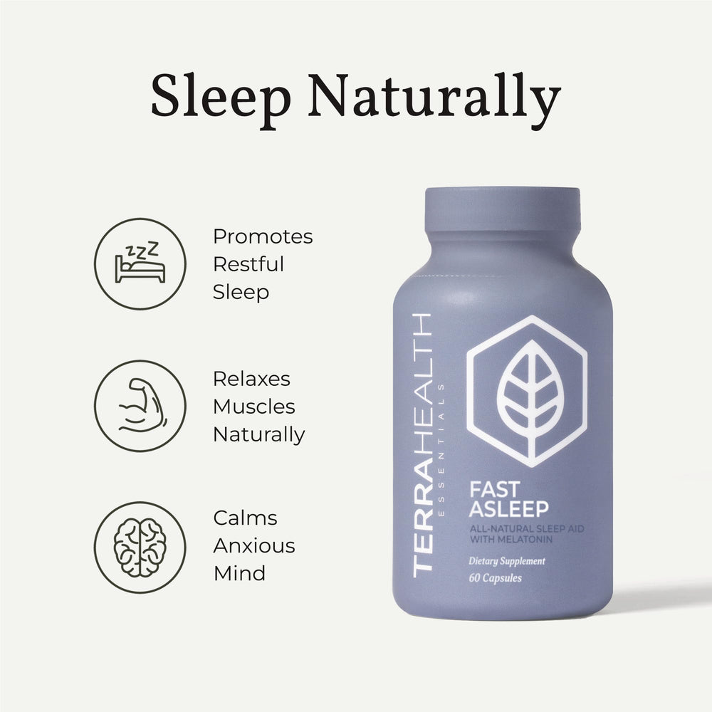 Terra Health Essentials Fast Asleep bottle on nightstand suggests easy nightly routine