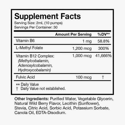 Terra Health Essentials Liposomal B12 label close-up highlighting energy and mood support.