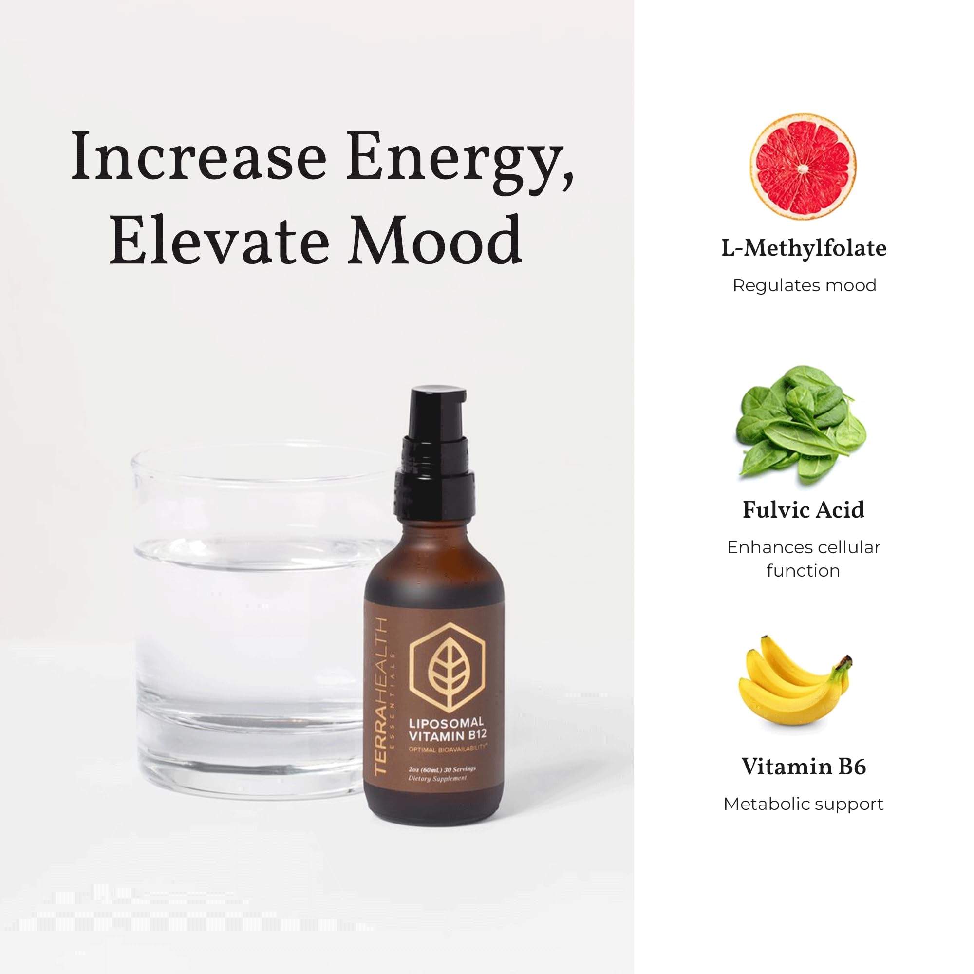 Terra Health Essentials Liposomal B12 close-up bottle tip for quick daily energy dosing.