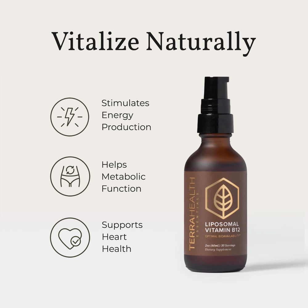 Terra Health Essentials Liposomal B12 glass with drops for focus.