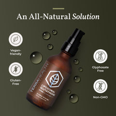 Close-up of Terra Health Essentials liposomal glutathione bottle showing premium packaging.