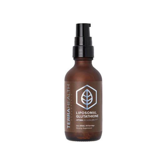 Terra Health Essentials liposomal glutathione bottle with pump for easy daily use.