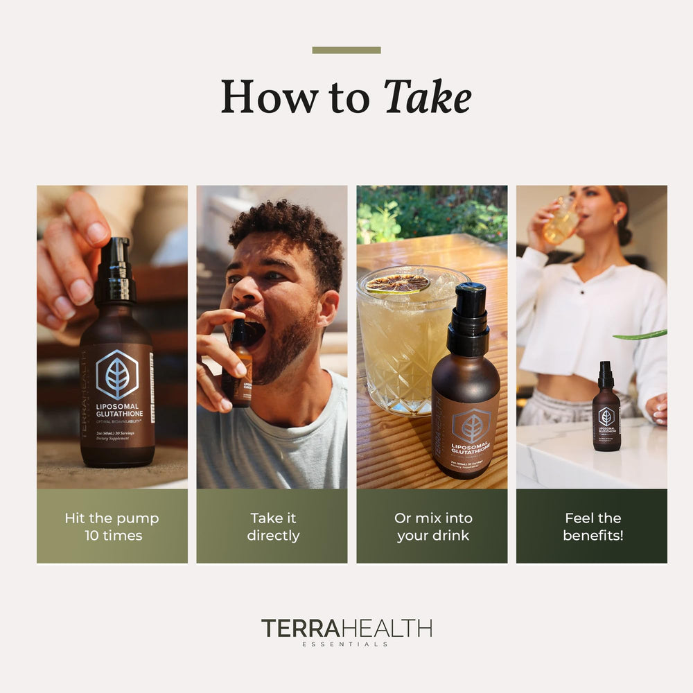 Daily use scene with Terra Health Essentials liposomal glutathione.