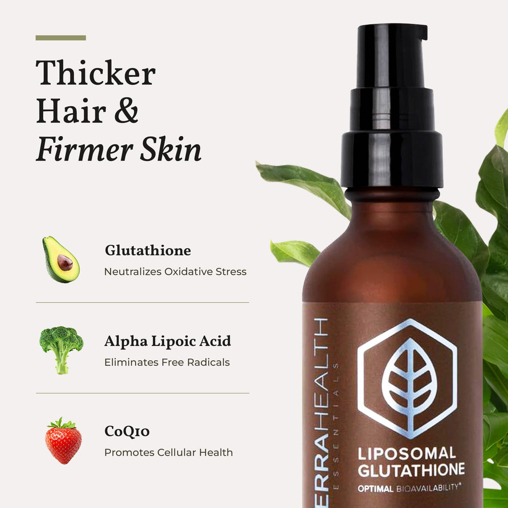 Ingredients panel on Terra Health Essentials liposomal glutathione packaging.