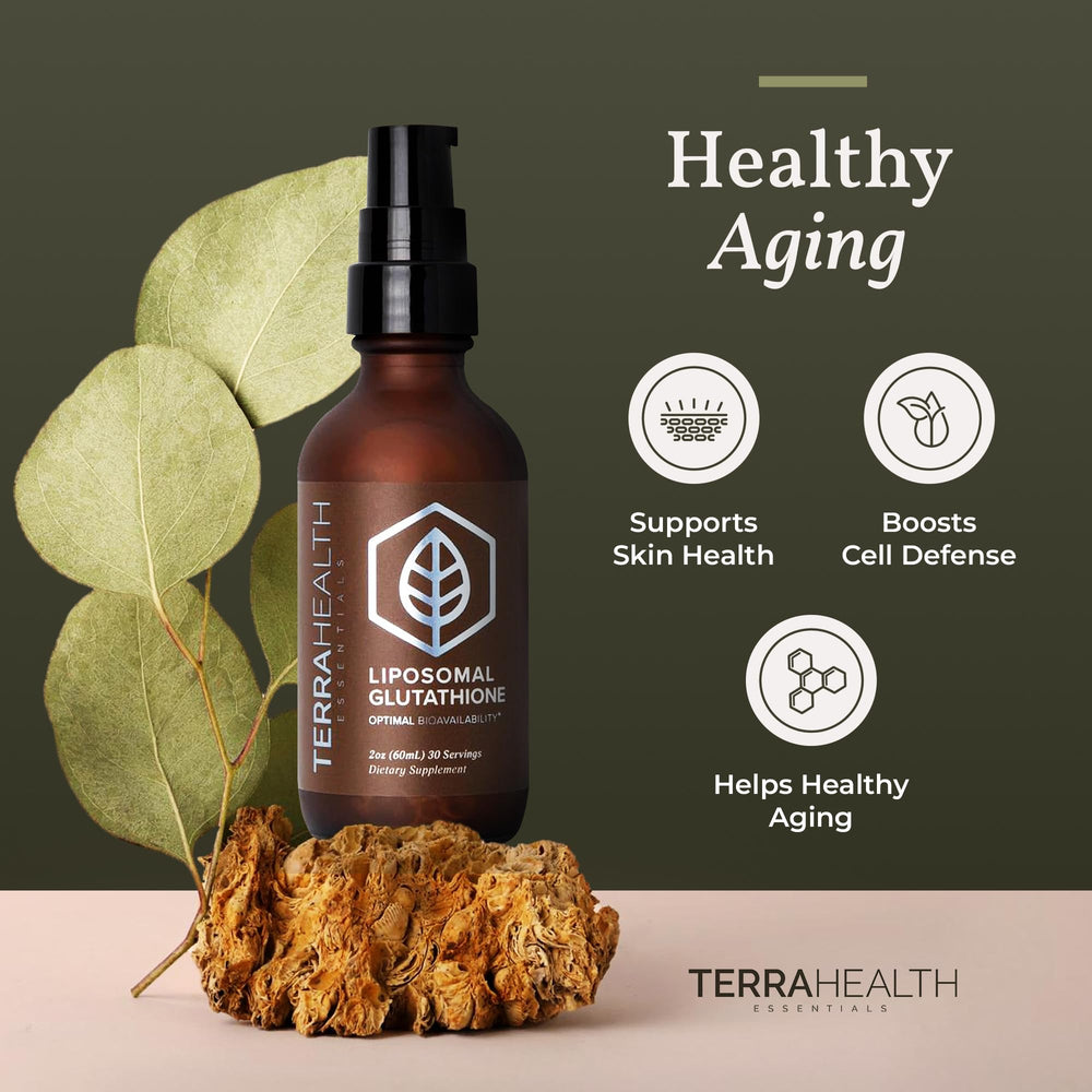 Terra Health Essentials liposomal glutathione liquid drops ready to mix or swallow.