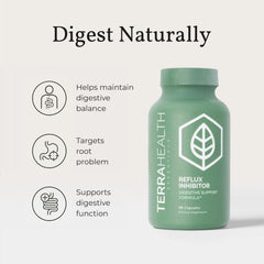 Terra Health Essentials Reflux Inhibitor capsules showcase premium betaine HCl and pepsin.