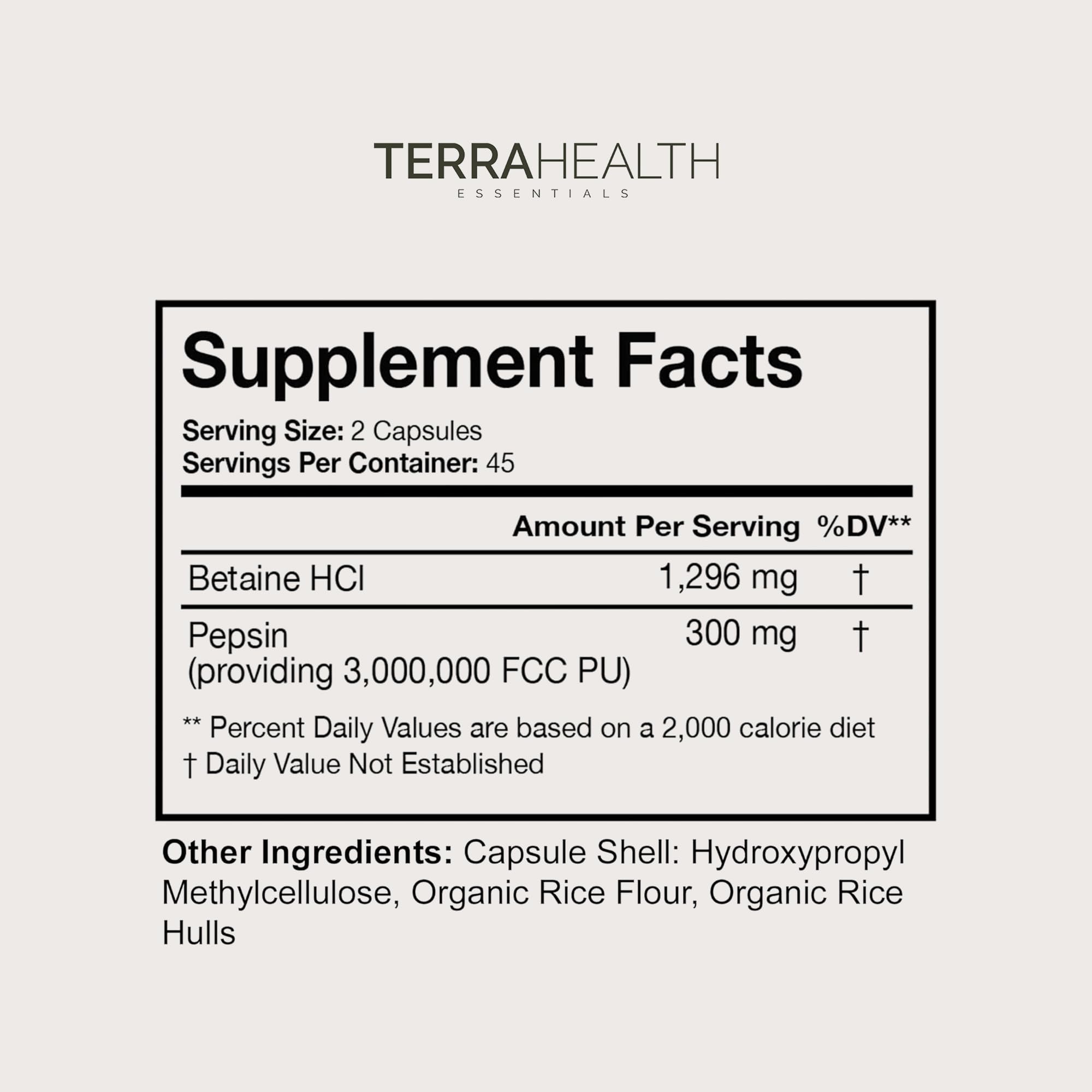 Terra Health Essentials Reflux Inhibitor label highlights vegan, gluten-free ingredients.