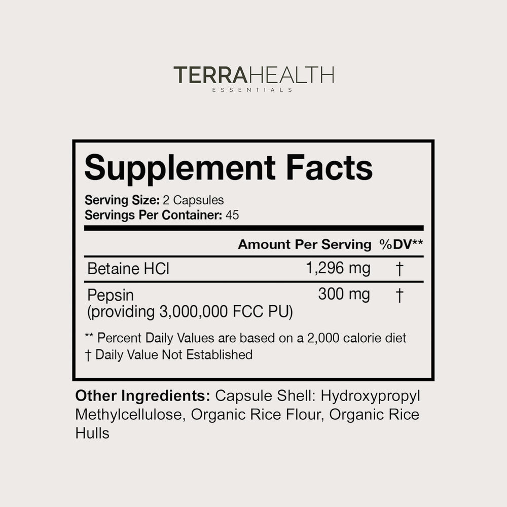 Terra Health Essentials Reflux Inhibitor label highlights vegan, gluten-free ingredients.