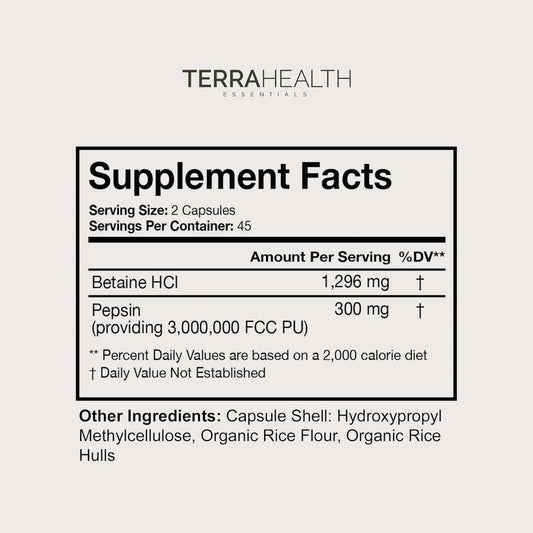 Terra Health Essentials Reflux Inhibitor label highlights vegan, gluten-free ingredients.