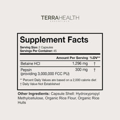 Terra Health Essentials Reflux Inhibitor label highlights vegan, gluten-free ingredients.