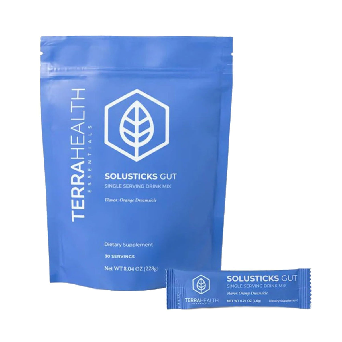 Terra Health Essentials Solusticks Gut packaging closeup showing travel-friendly digestion support in orange flavor.
