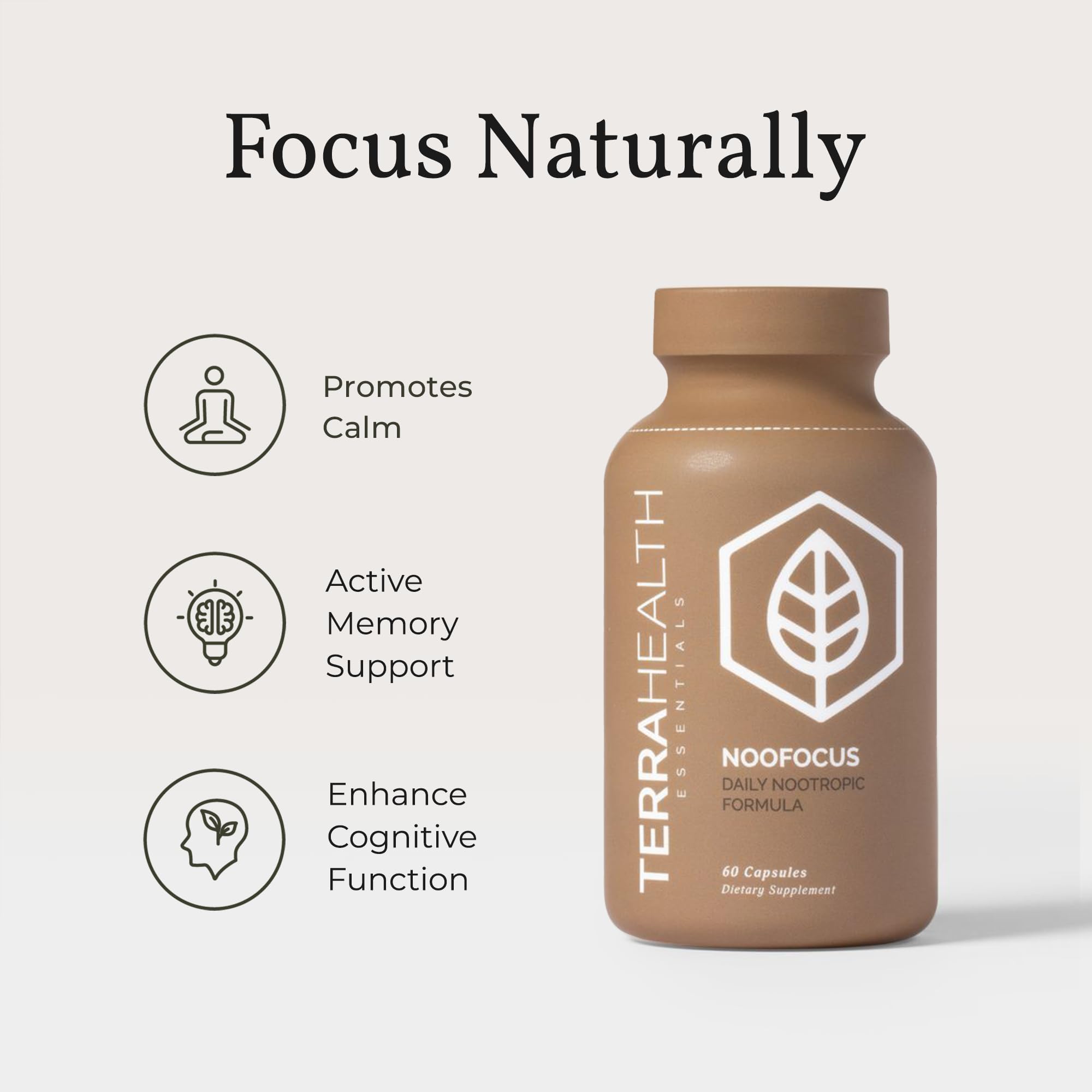 Terra Health Essentials NOOFOCUS capsules pouring from bottle for daily intake