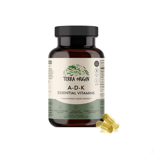 Terra Origin ADK bottle front view highlighting premium immune and bone support