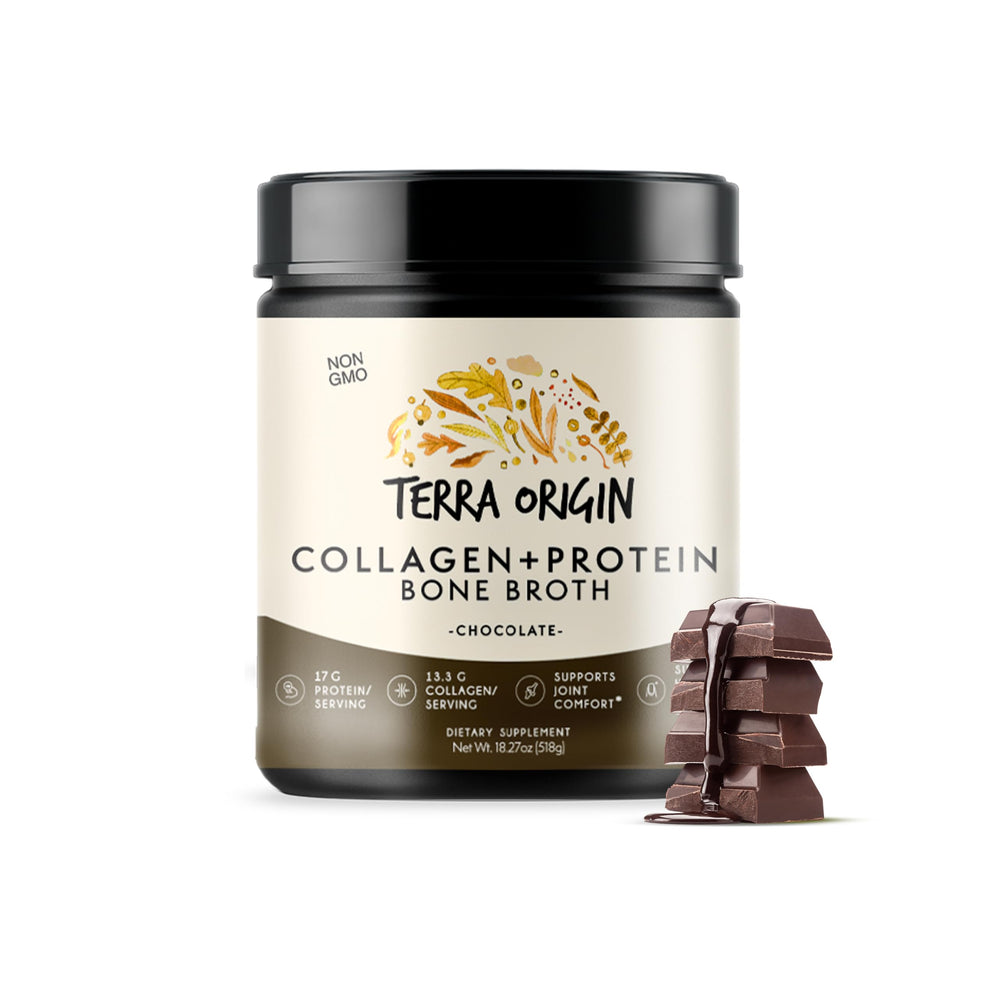 Terra Origin ingredients graphic shows Type I and III collagen from bone broth for skin support
