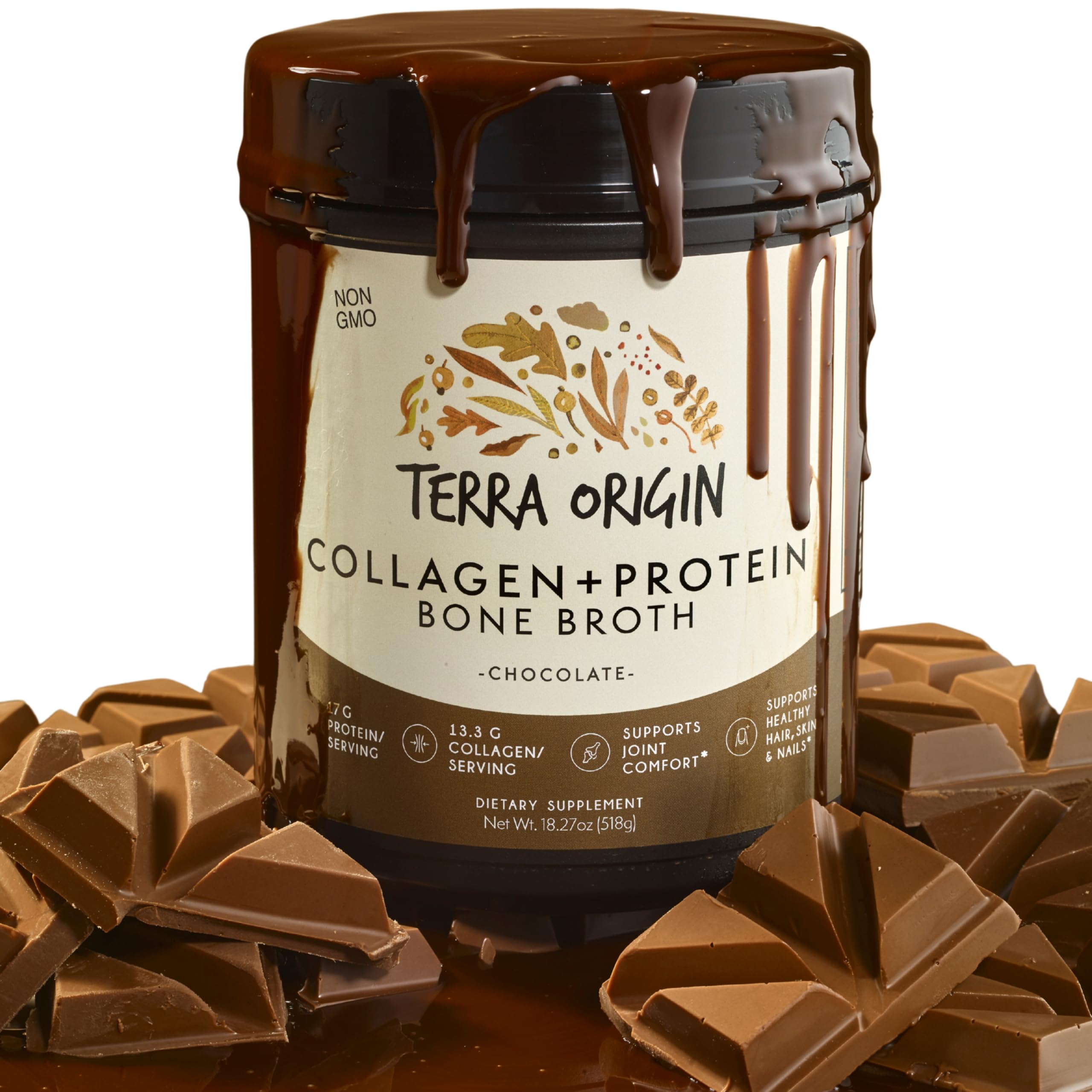 Terra Origin collagen peptides powder tub front showing protein-rich daily wellness