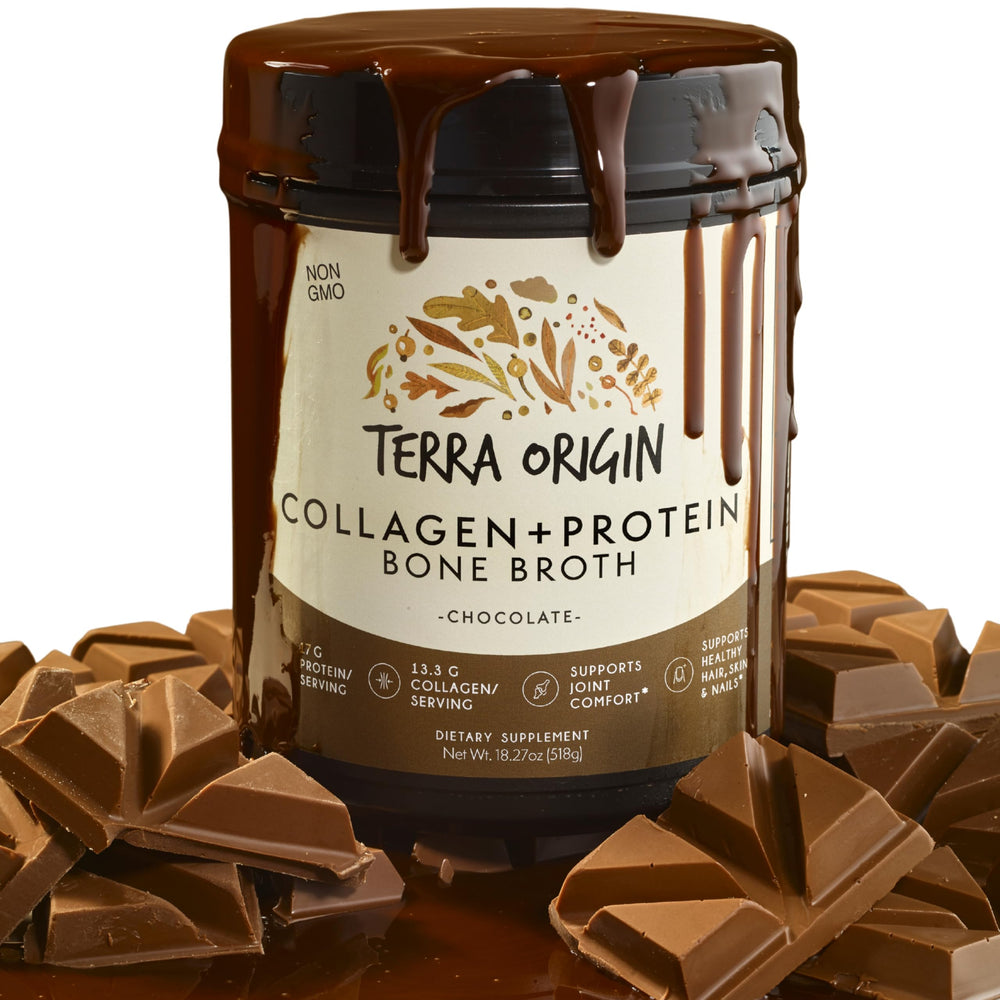 Terra Origin collagen peptides powder tub front showing protein-rich daily wellness