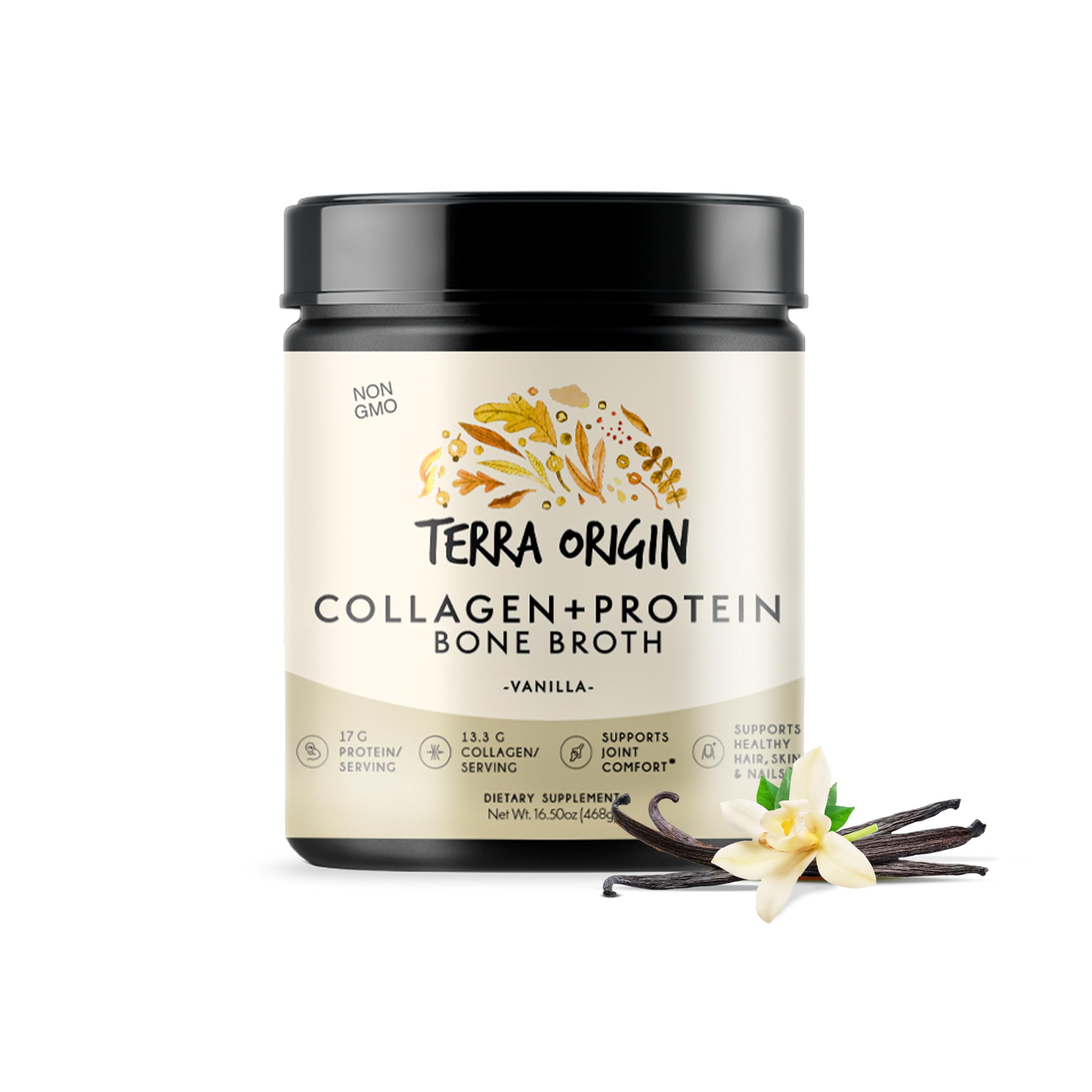 Terra Origin collagen peptides vanilla bottle, premium bone broth protein for daily wellness