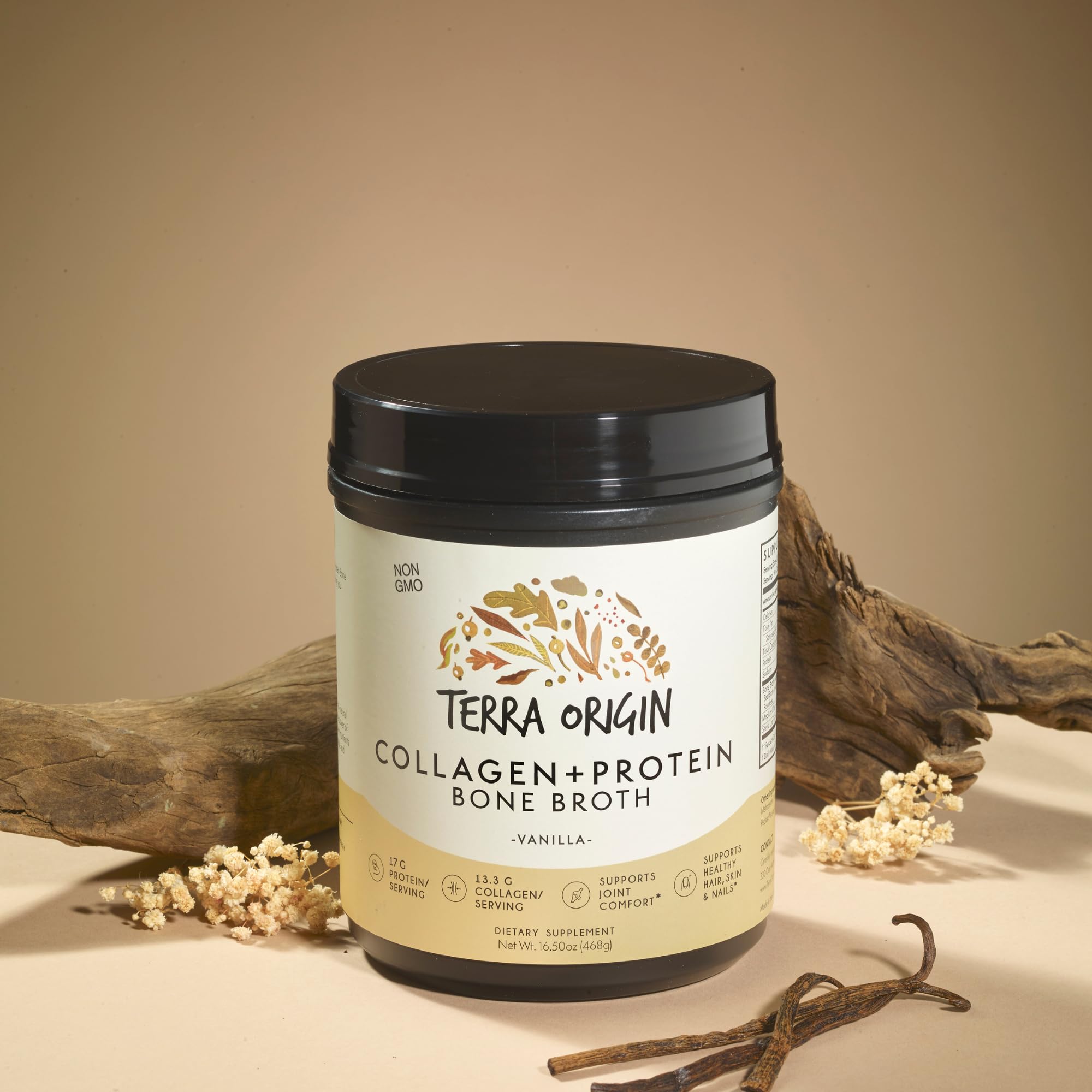 Terra Origin collagen peptides vanilla pour demonstrates smooth mixing in beverages