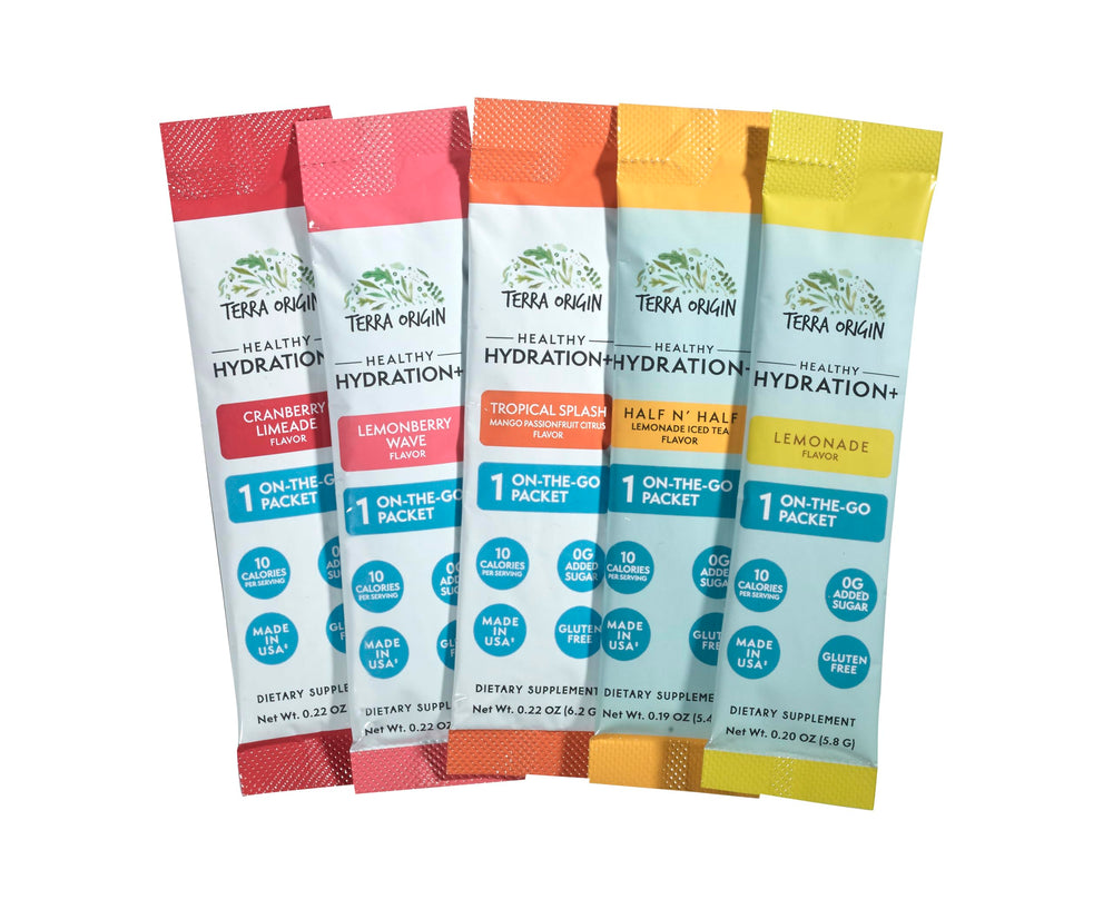 Terra Origin electrolyte blend bottle emphasizing essential nutrients for hydration