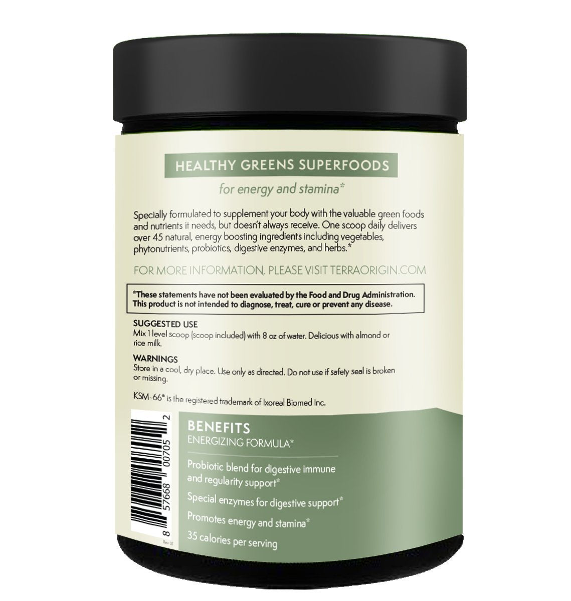 Terra Origin fruit and vegetable blend with acai and pomegranate for antioxidants.