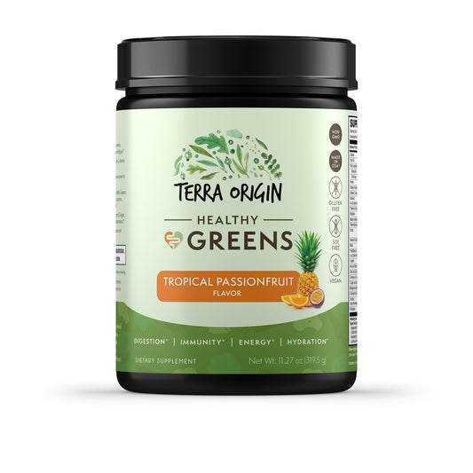 TERRA ORIGIN Healthy Greens powder bottle with tropical flavor for daily immune and gut support