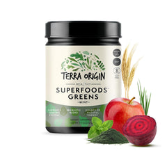 TERRA ORIGIN greens powder bottle on display for daily energy support.