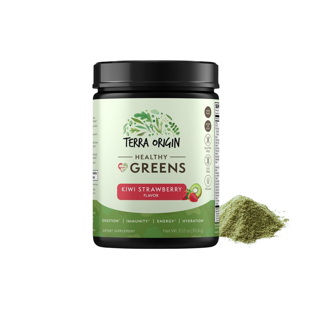 Terra Origin Healthy Greens Powder jar on the counter supports daily energy and immune function.