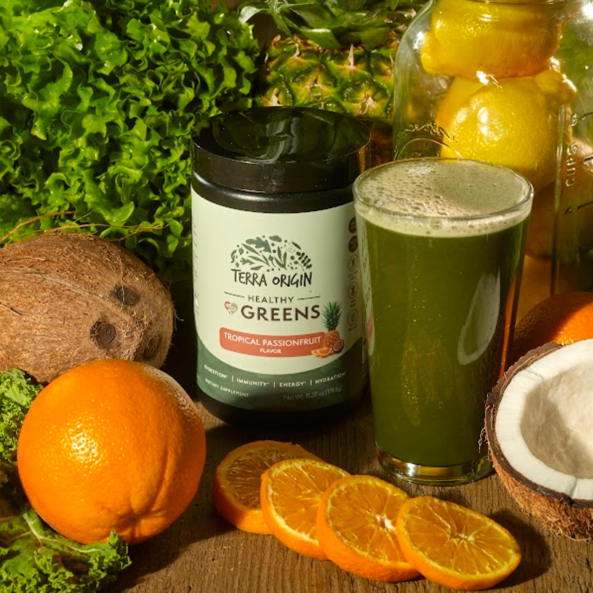 Morning routine scene with Terra Origin Greens for daily immune support