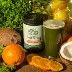 Morning routine scene with Terra Origin Greens for daily immune support