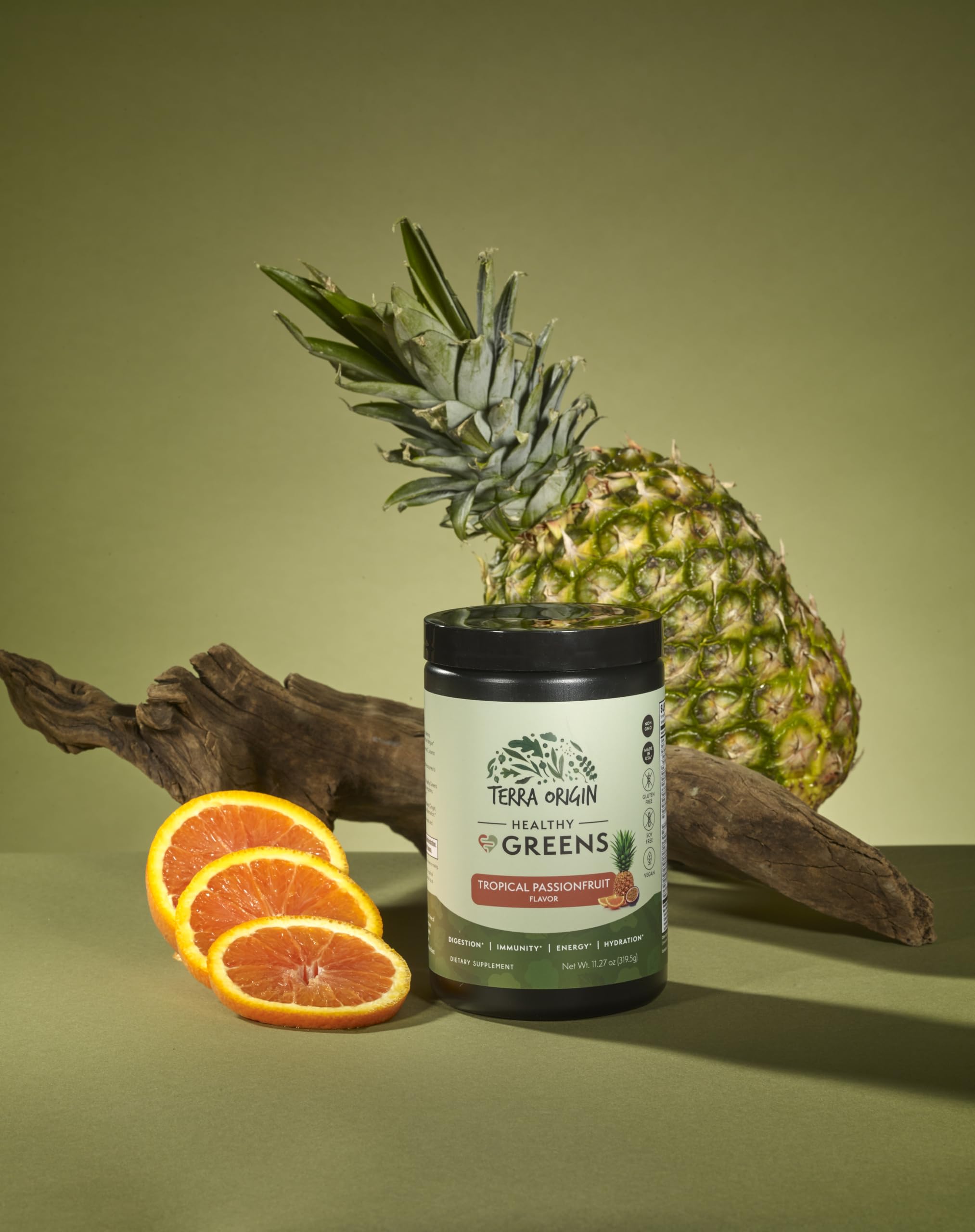 Blended smoothie with Terra Origin Greens ready for energy boosting routine
