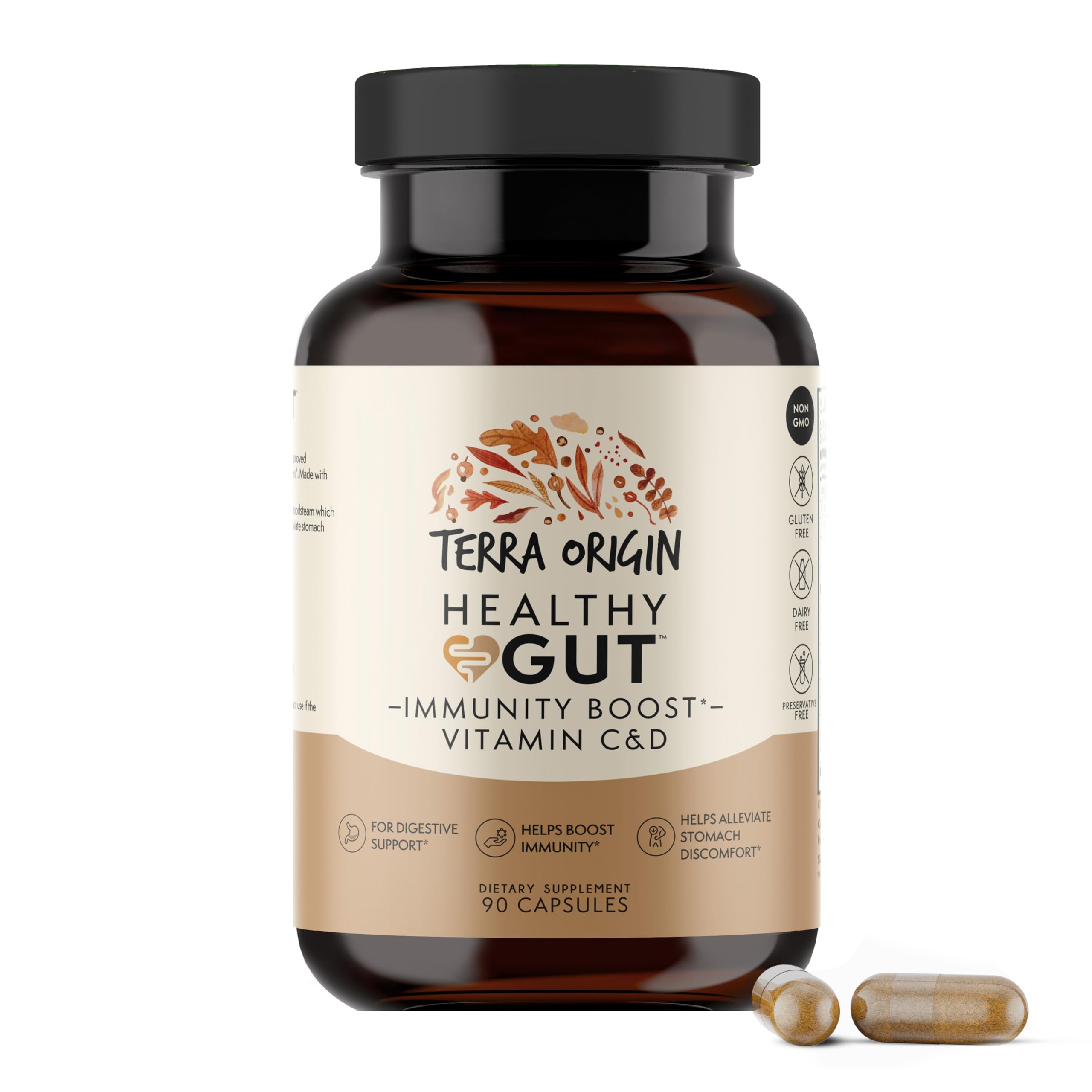 Terra Origin Healthy Gut bottle pour supports daily gut health and ease of use.