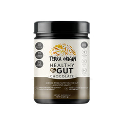 Terra Origin Healthy Gut Chocolate bottle highlights label for daily digestive support