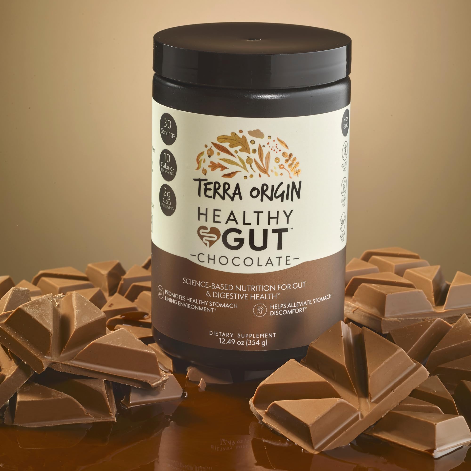 Terra Origin Healthy Gut Chocolate ingredients panel featuring L-Glutamine and zinc