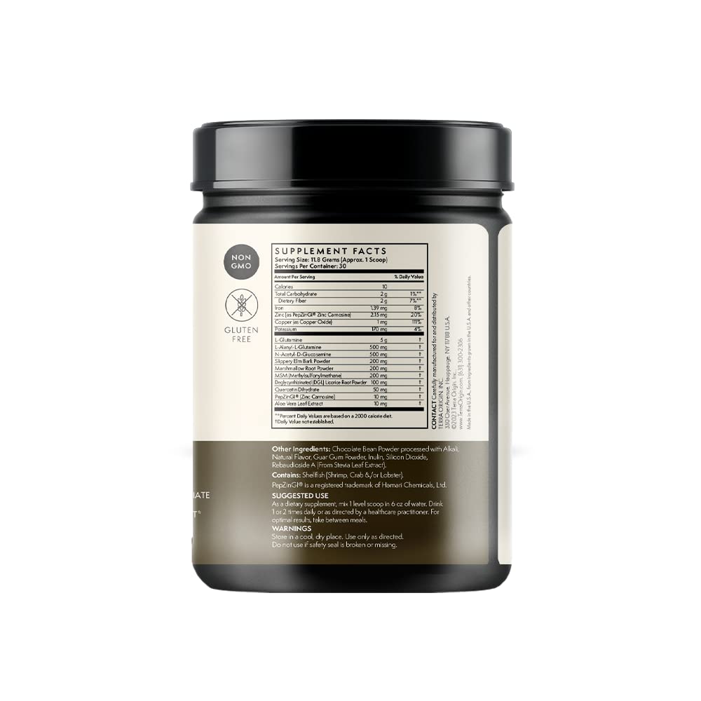 Terra Origin Healthy Gut Chocolate label noting non-GMO, dairy-free and gluten-free